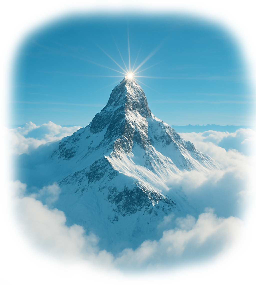Snow-covered mountain peak rising above the clouds with sunlight at the summit